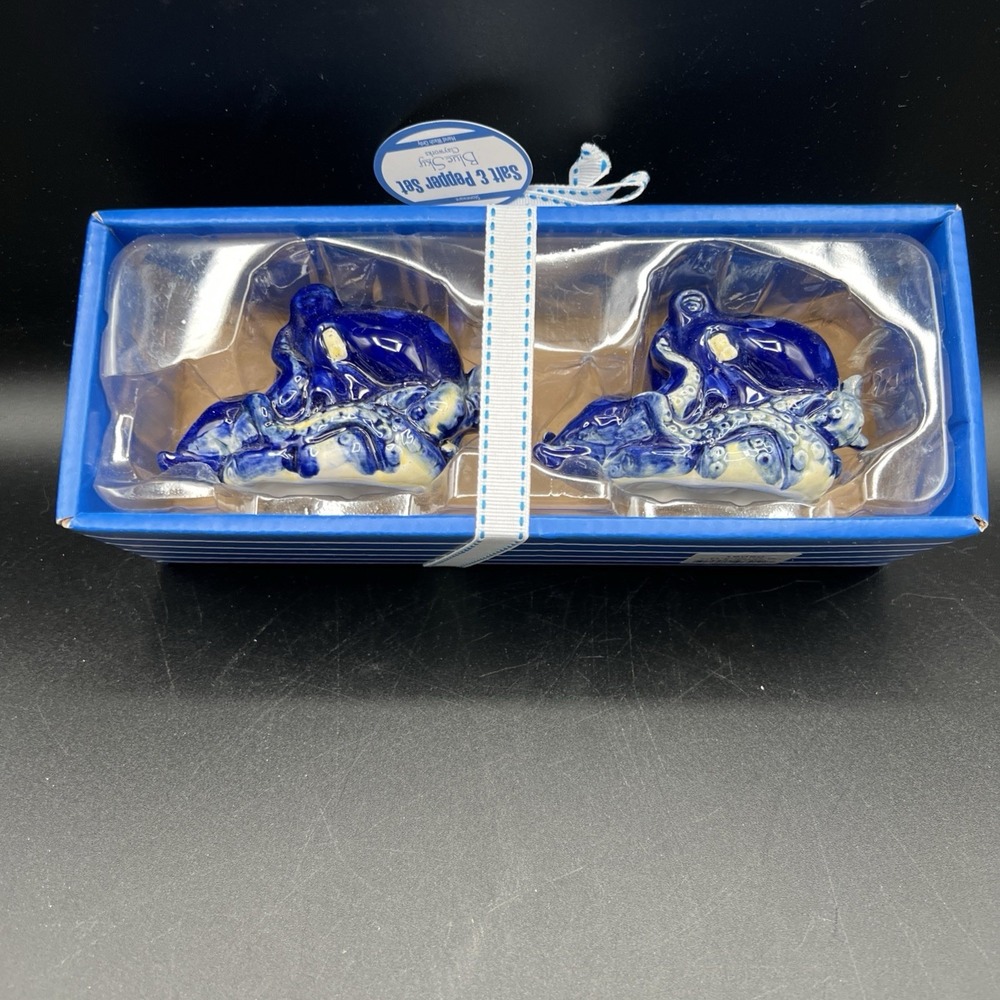 Blue Sky Blue Octopus Hand Painted Salt & Pepper Shakers NEW